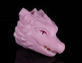 Dynamic roaring pose of dimvra-figurine pink dragon head prop, highlighting jaw and dental structure.