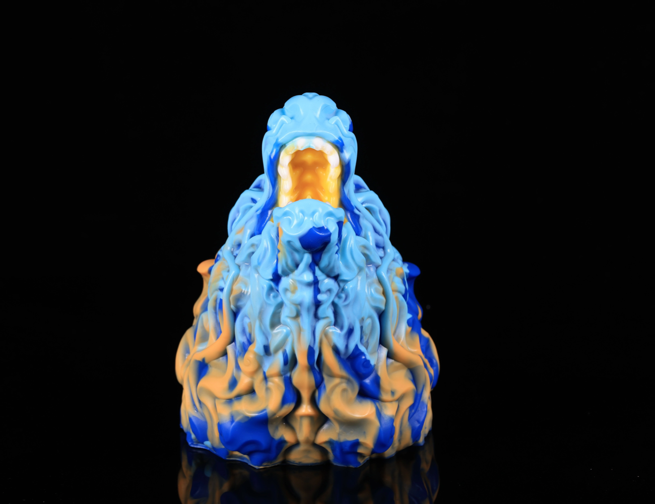 Frontal roaring view of the dimvra-figurine Chinese Loong figure with unique Dunhuang Inspired marbling.