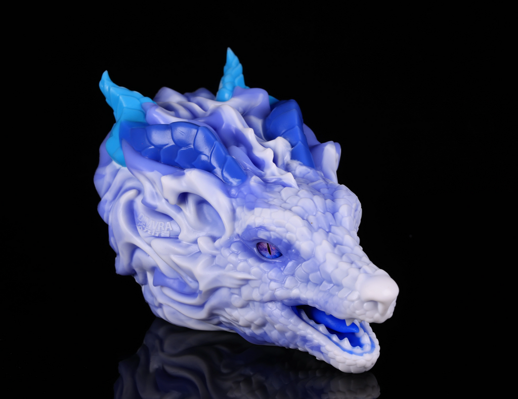 dimvra-figurine handcrafted ice blue silicone dragon head sculpture - Front view.