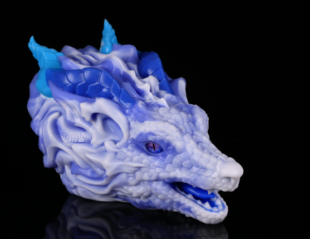 Left profile of platinum silicone dragon figurine - Mythical beast art by dimvra-figurine.
