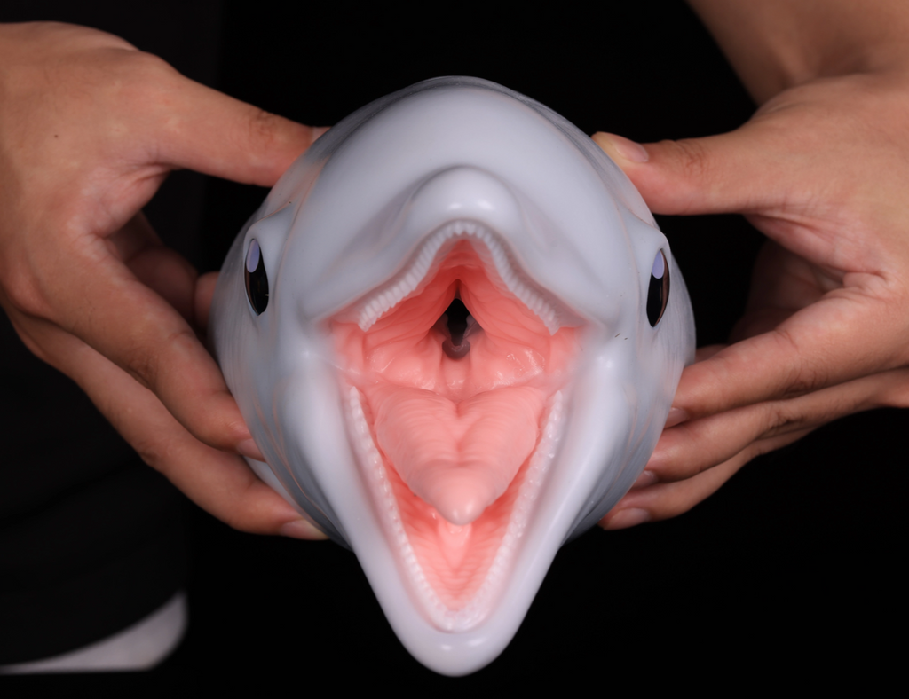 Front view of dimvra-figurine smooth dolphin head showing detailed inner mouth and throat structure.